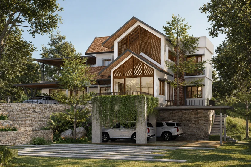 Albin Residence: layered pitched roofs above a planted stone boundary.