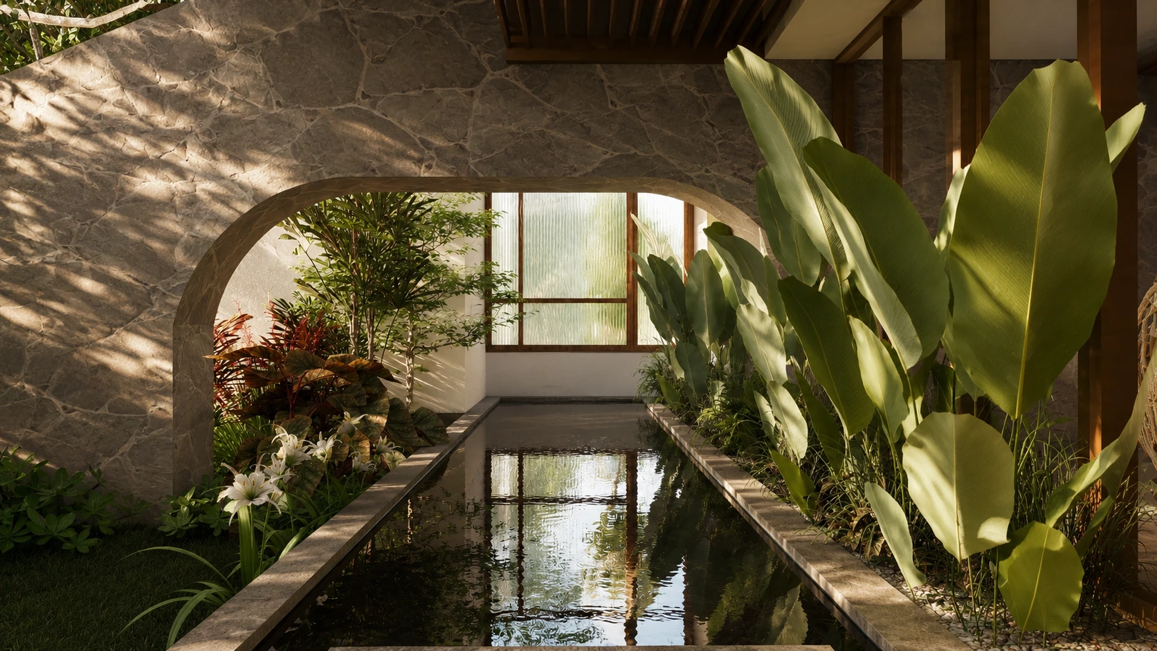 The home's planted courtyard and reflecting pool, framed by a stone arch.