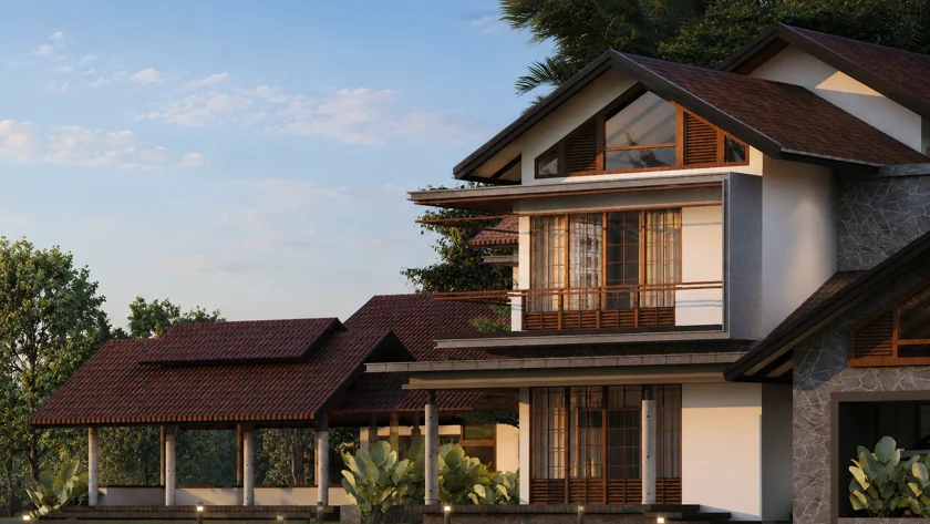 Dr. Amal Residence, with generous verandahs, timber screens and terracotta roofs.