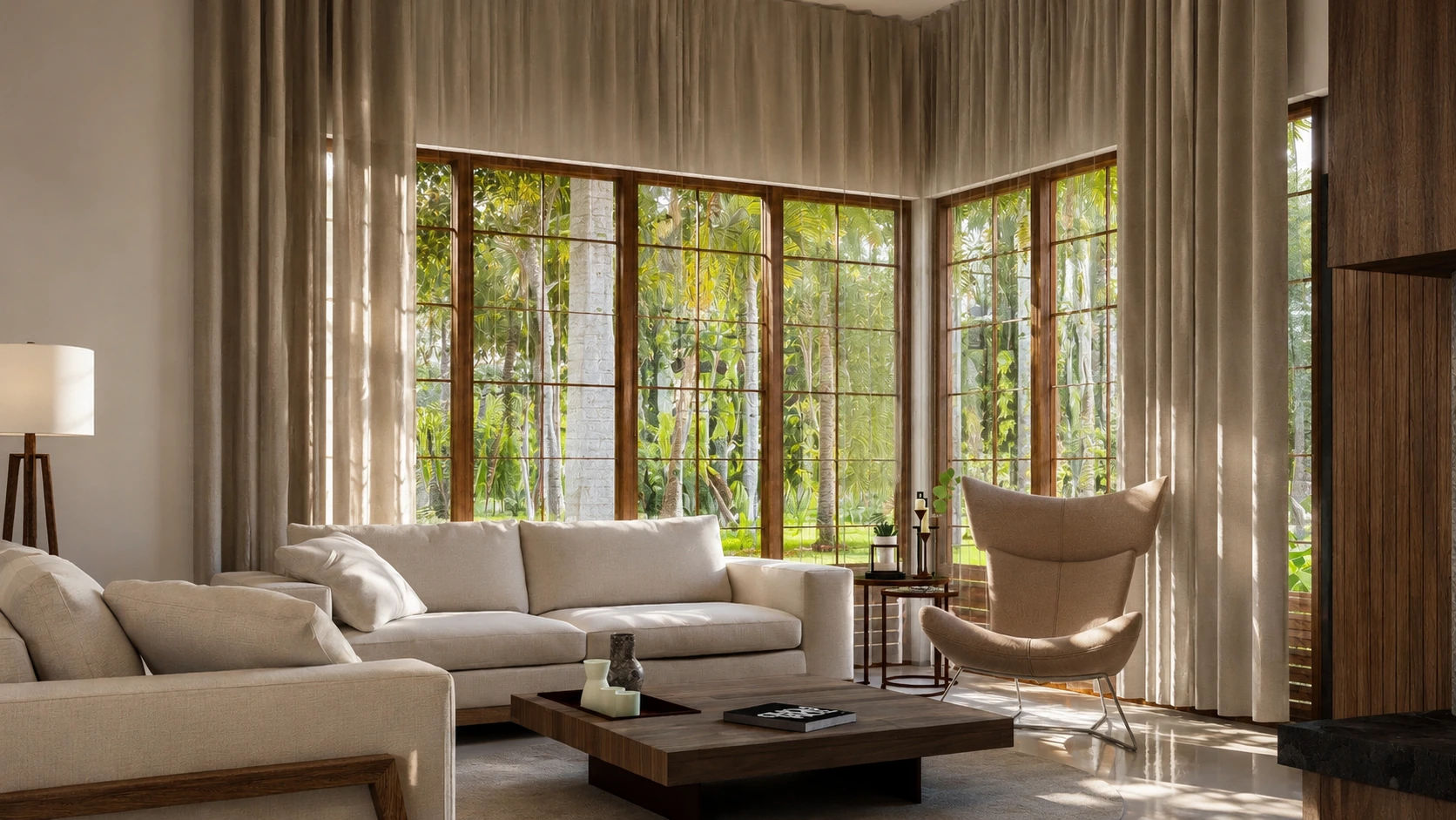 The sitting room in Dr. Amal Residence, with tall timber windows and garden views.