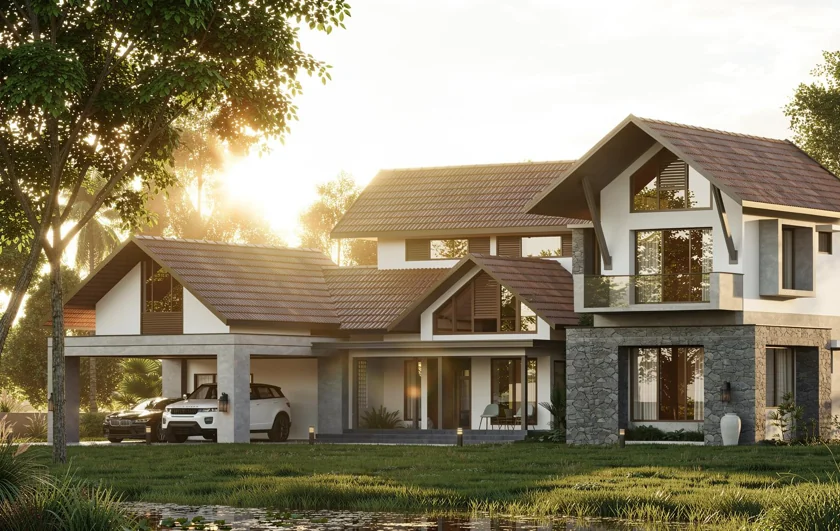 Ebu Residence in evening light with expansive lawns and pitched roofs.