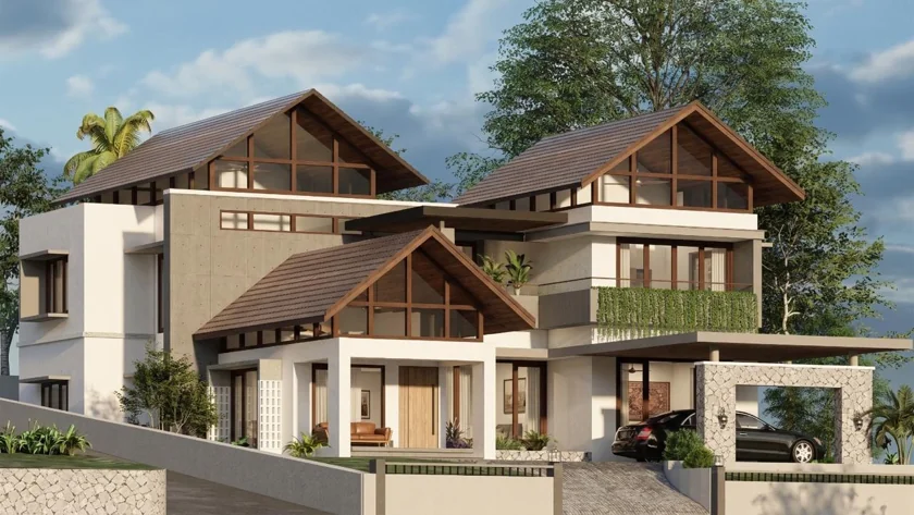 Robin Residence with intersecting roofs, white volumes and timber accents.