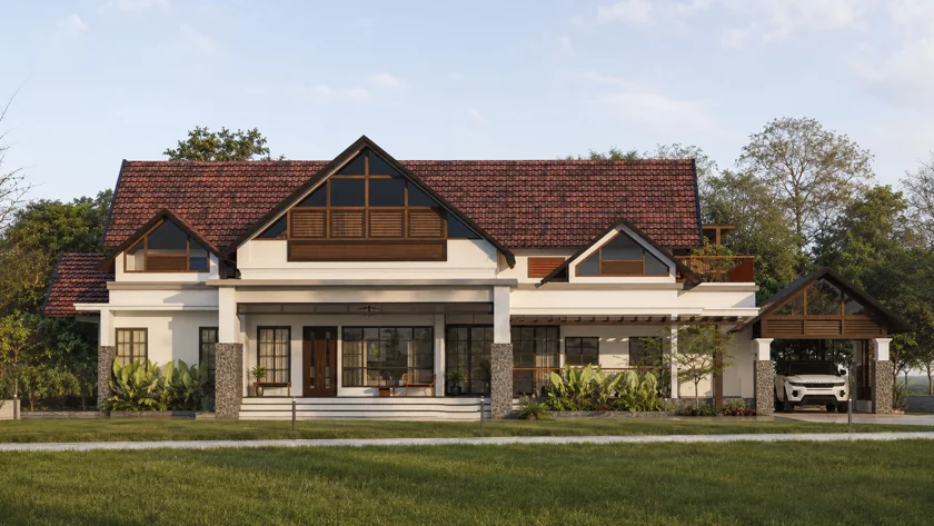 Vinod Residence: terracotta roofs, stone textures and a front garden.